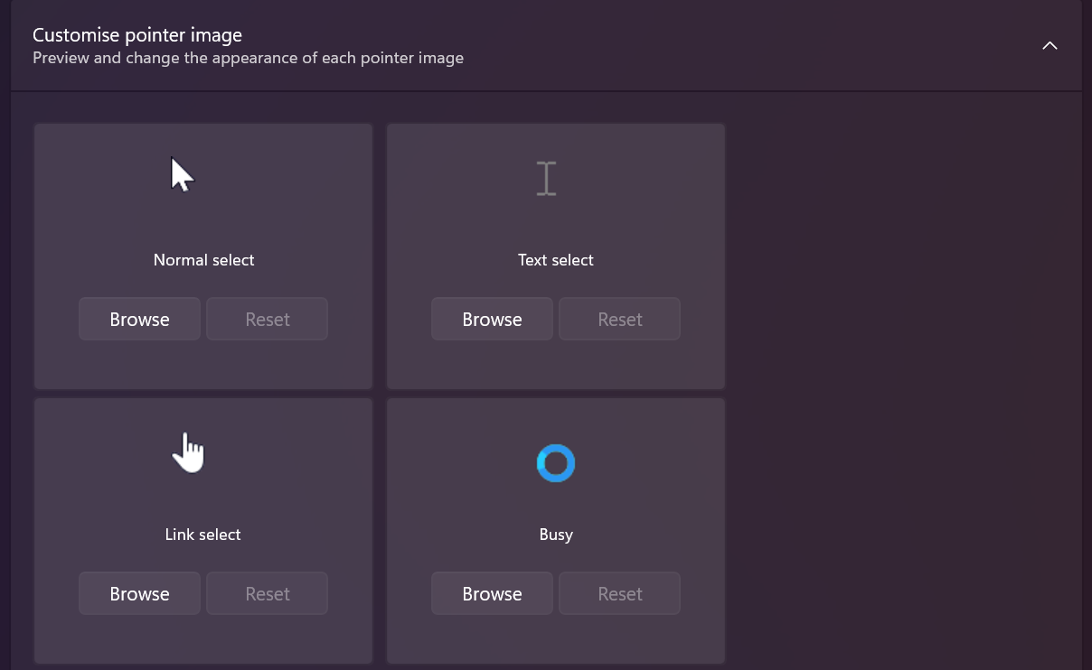 해당 페이지에서 <strong>포인터 이미지 사용자 정의</strong>를 열어 각 포인터 역할을 미리 보고 편집하세요.