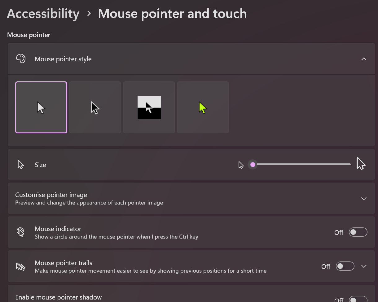 접근성에서 포인터 색상 제어 열기